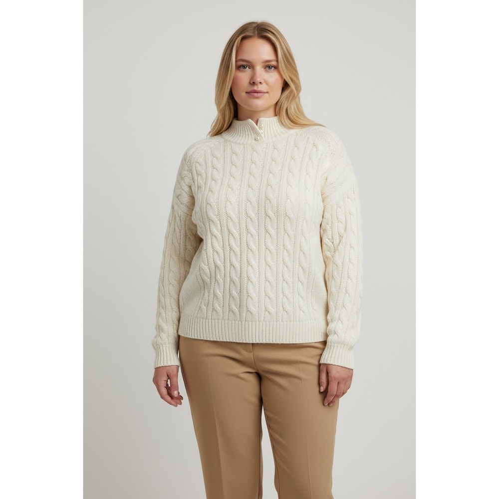 Karen Scott Ivory Cable‎ Knit Plus Size 1X Mock Neck Pearl Button Sweater